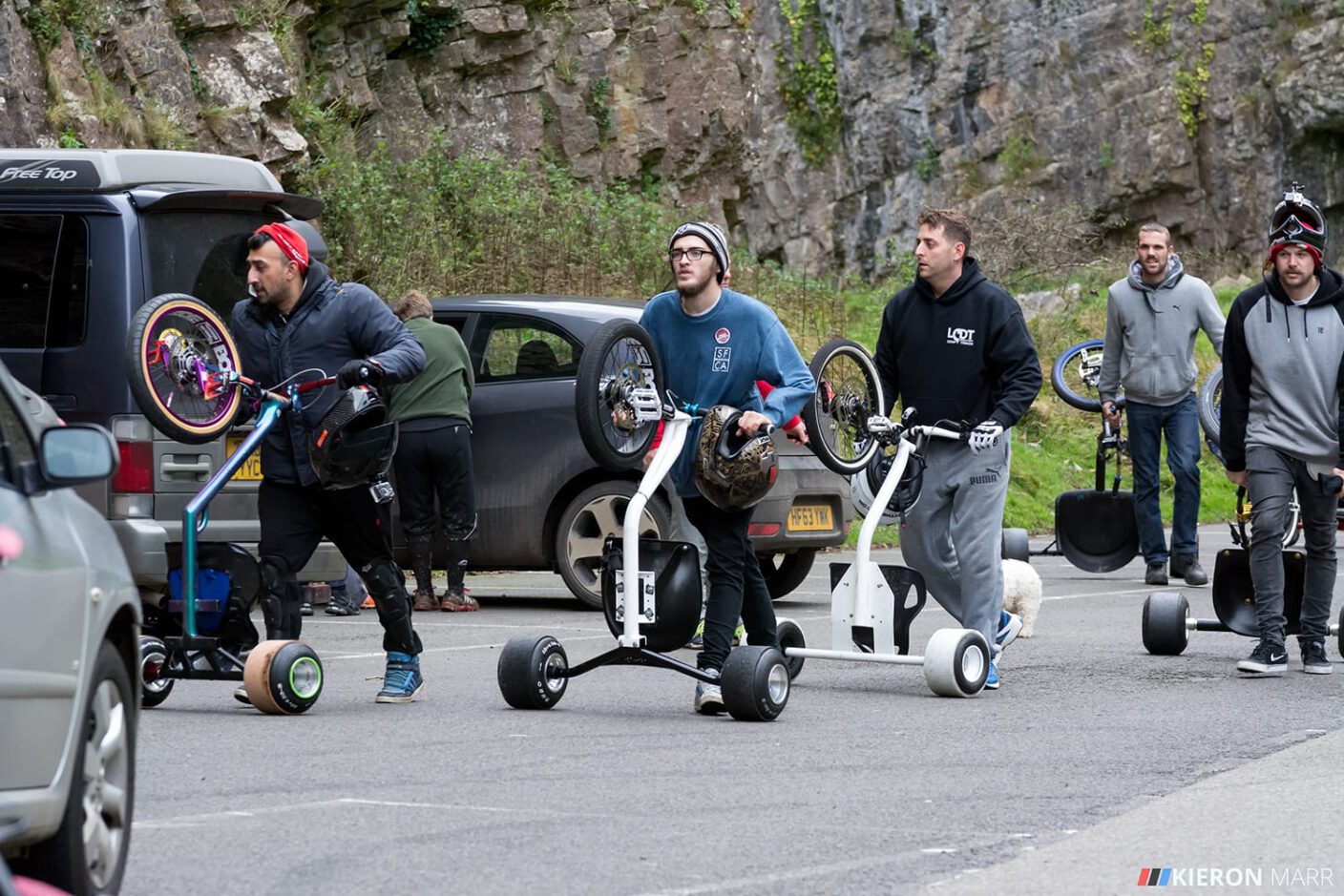 Riders and trikes starting the walk to the top of Cheddar Gorge